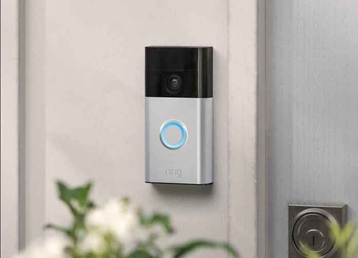 Close-up of Ring Battery Video Doorbell mounted on a modern front door