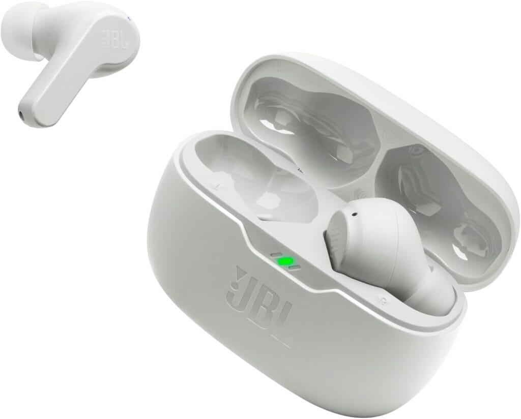 JBL Vibe Beam earbuds in hand showing fit