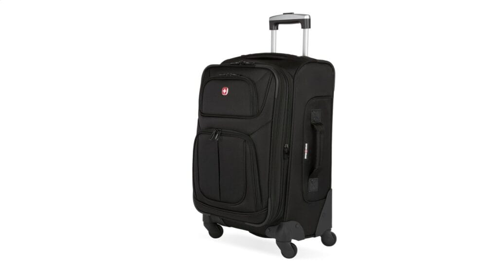 SwissGear Sion softside expandable carry-on suitcase in black with multiple compartments and rugged wheels.