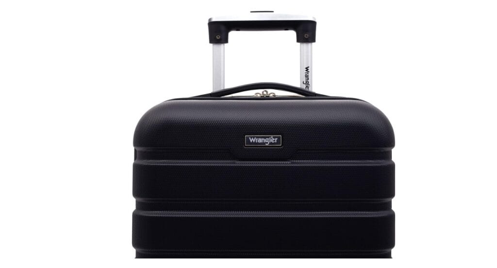 Wrangler Hardside Spinner Carry-On suitcase in black with smooth 360-degree spinner wheels and hard shell